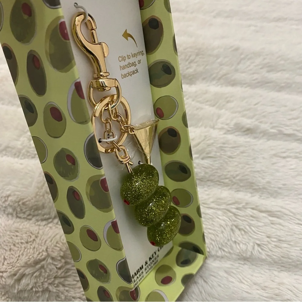 Gold and Green Martini and Glass Stones Olives Keychain Purse Charm